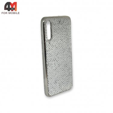 Чехол для Samsung A50/A30s/A50s силиконовый с пайетками, серебристого цвета