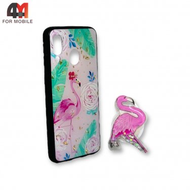 Чехол для Samsung A40 силиконовый с попсокетом, фламинго
