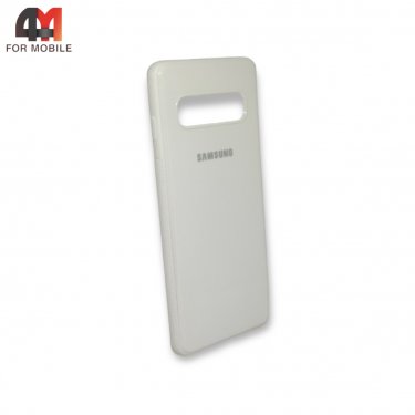 Чехол для Samsung S10 силиконовый, глянцевый с логотипом, белого цвета