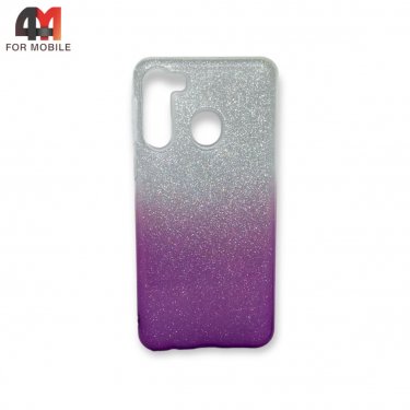 Чехол для Samsung A21 силиконовый, блестки с переходом, фиолетового цвета