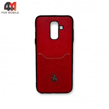 Чехол для Samsung A6 Plus 2018/J8 2018 силиконовый, кожа кармашек, красного цвета