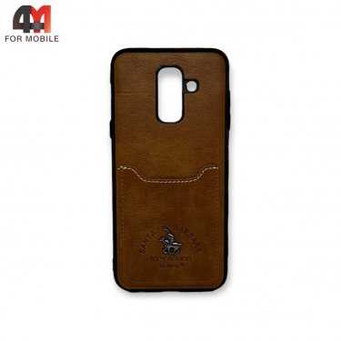 Чехол для Samsung A6 Plus 2018/J8 2018 силиконовый, кожа кармашек, коричневого цвета