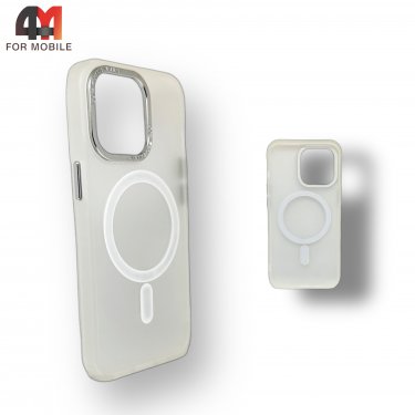 Чехол Iphone 15 пластиковый с усиленной рамкой + MagSafe, белого цвета, Protective Case