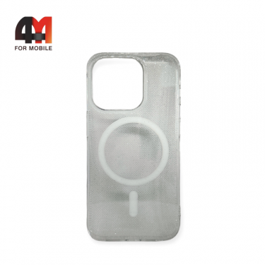 Чехол Iphone 15 пластиковый с блестками+MagSafe, прозрачный