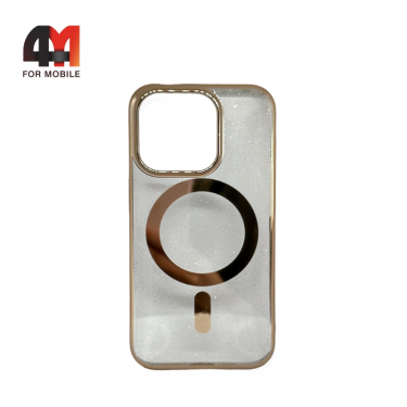Чехол Iphone 15 пластиковый с блестками+MagSafe, золотистого цвета