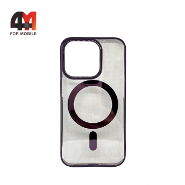 Чехол Iphone 15 пластиковый с блестками+MagSafe, фиолетового цвета