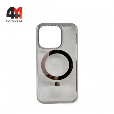 Чехол Iphone 15 пластиковый с блестками+MagSafe, серебристого цвета