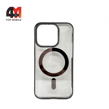 Чехол Iphone 15 пластиковый с блестками+MagSafe, черного цвета