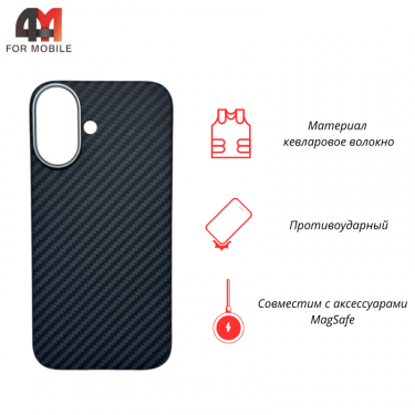 Чехол Iphone 16 кевларовый 1500D, MagSafe, черного цвета