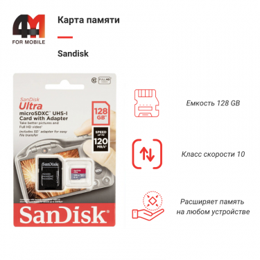 Карта Памяти 128Gb Sandisk, 10 Class, с переходником
