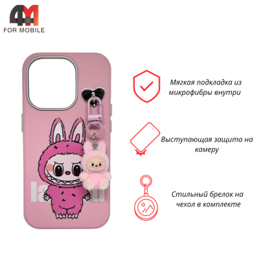 Чехол для Iphone 15 Pro Max Leather Case, Labubu, розового цвета