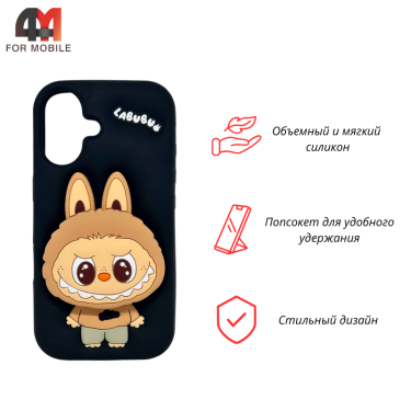 Чехол для Iphone 16 Labubu Popsocket, черного цвета