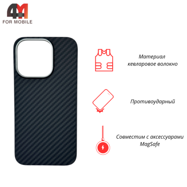 Чехол для Iphone 15 Pro кевларовый 1500D, MagSafe, черного цвета