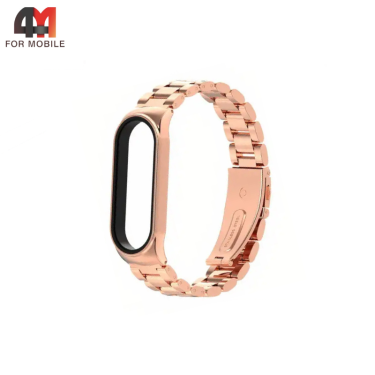 Сменный браслет для Xiaomi Mi Band 3/4 металлический, блочный, цвет розовое золото
