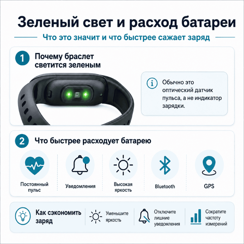 Почему фитнес браслет светиться зеленым светом