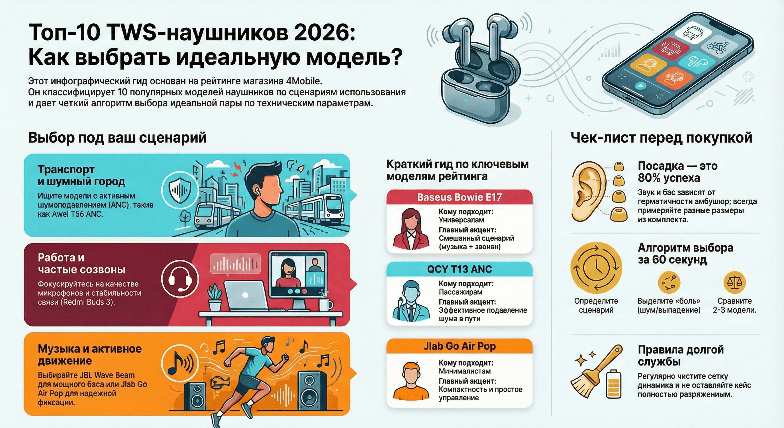 Инфографика выбора лучших беспроводных внутриканальных наушников