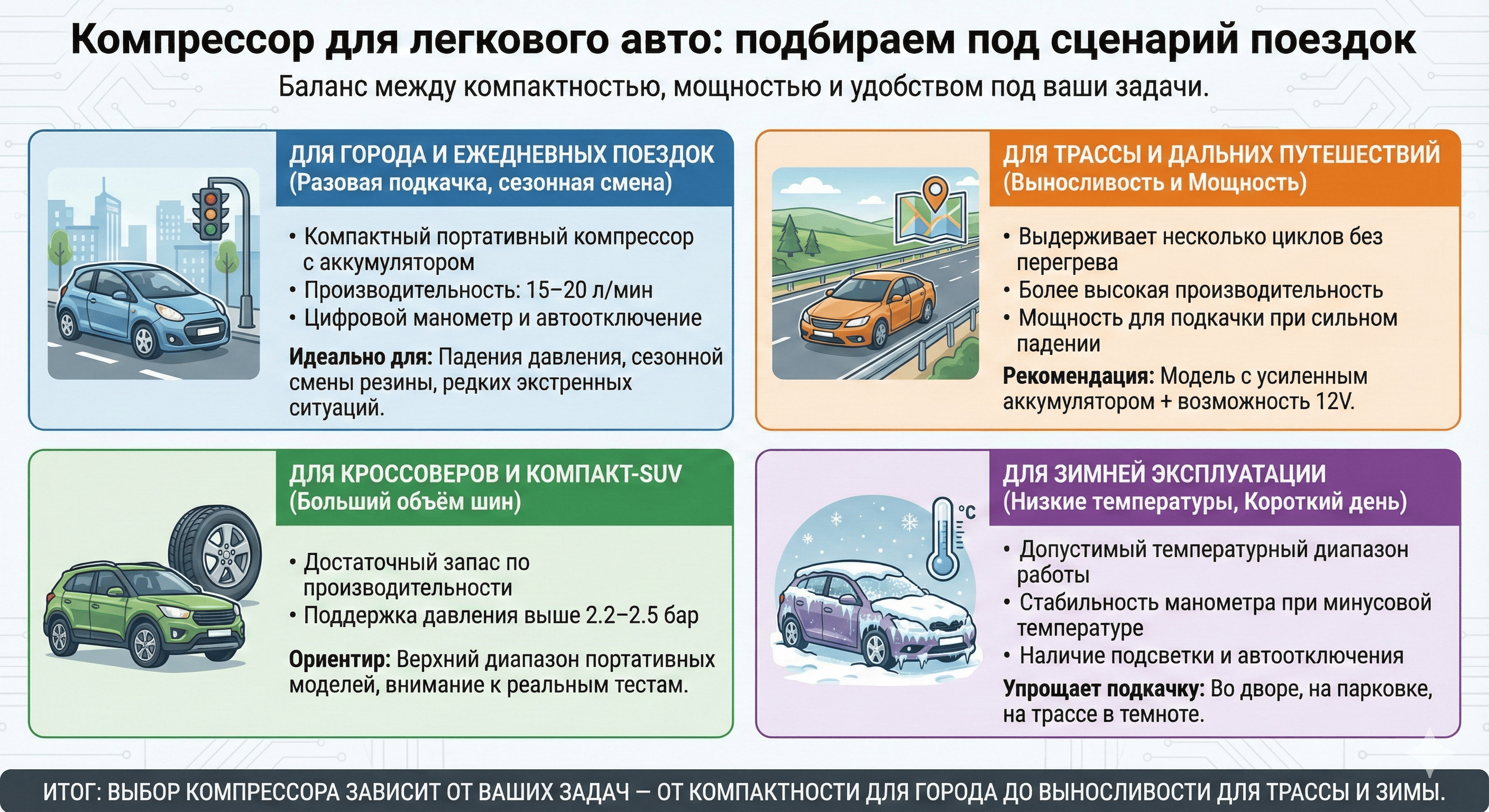 Компрессор для легкового авто под сценарий поездок