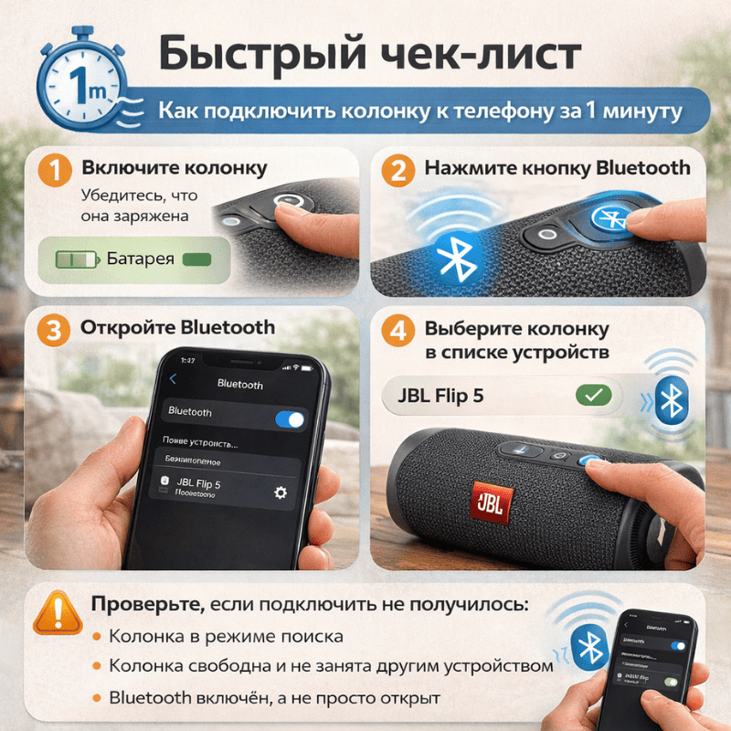 Быстрый чек лист, как подключить колонку к телефону