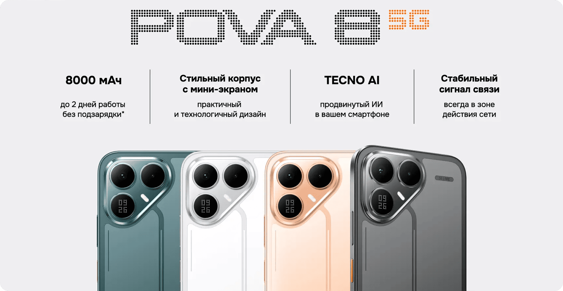 TECNO POVA 8 5G баннер с краткими характеристиками