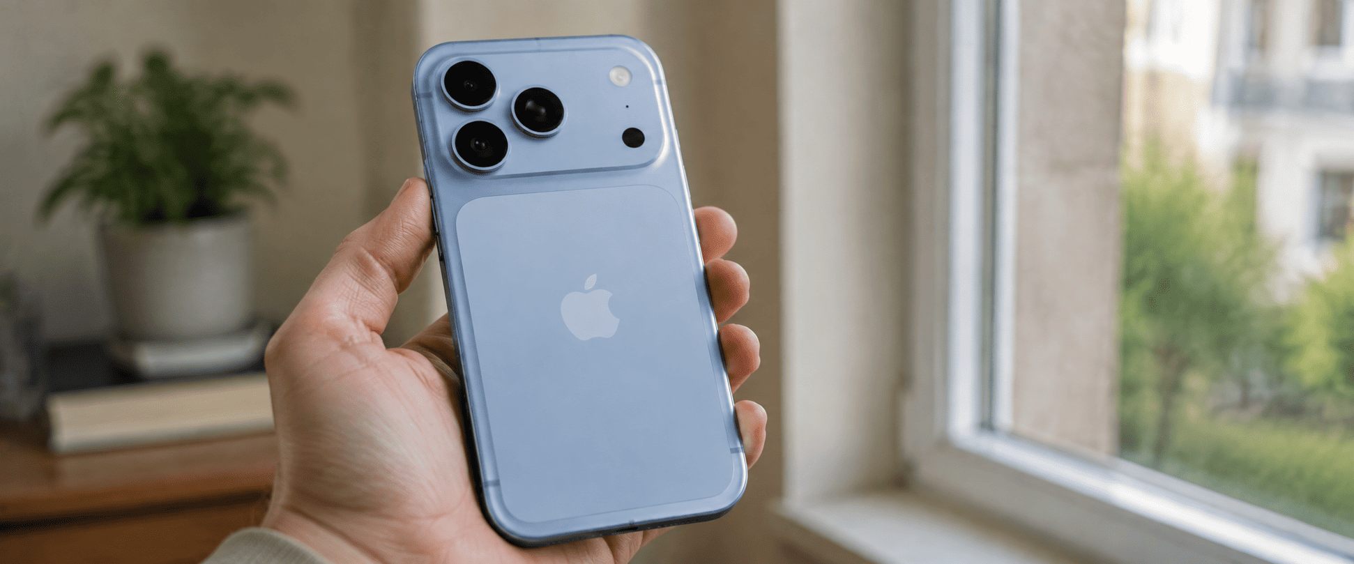 iPhone 18 Pro &mdash; визуализация светло-голубого смартфона в руке