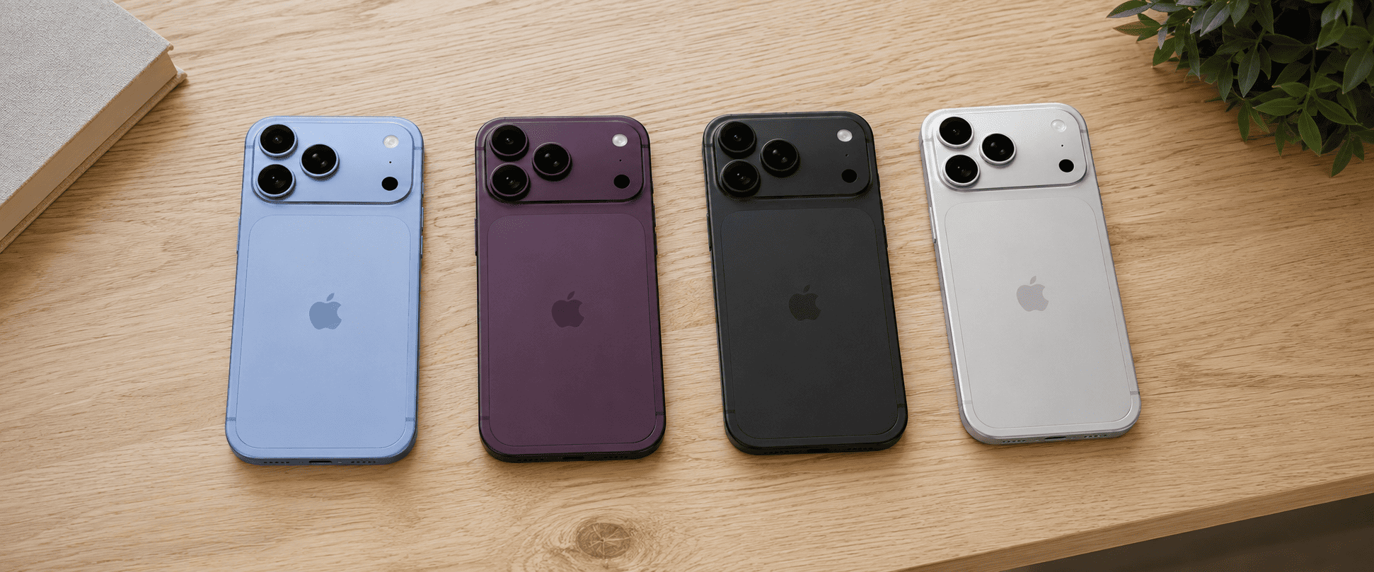 iPhone 18 Pro &mdash; визуализация четырёх цветов на столе