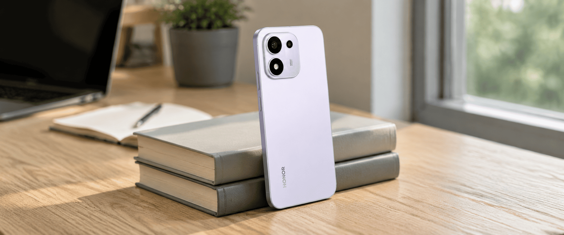 HONOR 600S 5G в лавандовом цвете на столе
