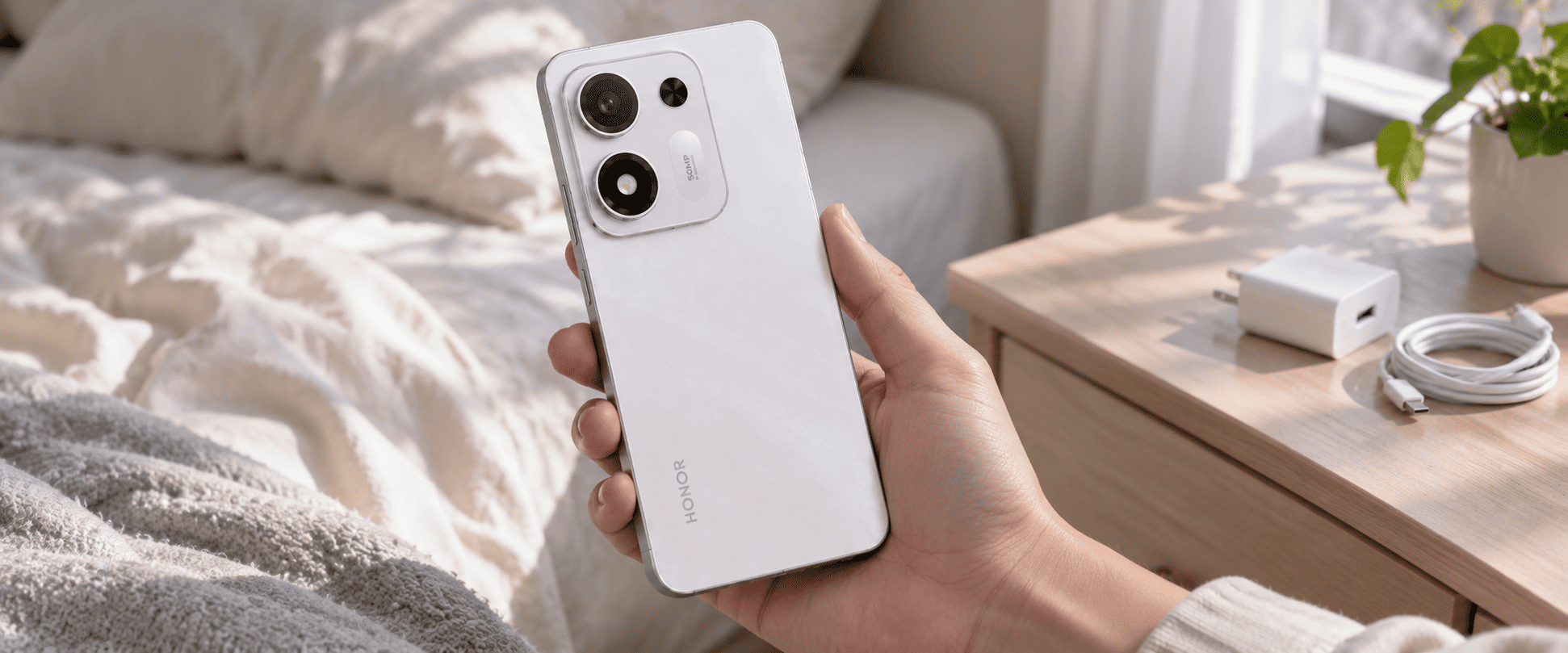 Honor Play 11 5G в руке рядом с зарядным устройством