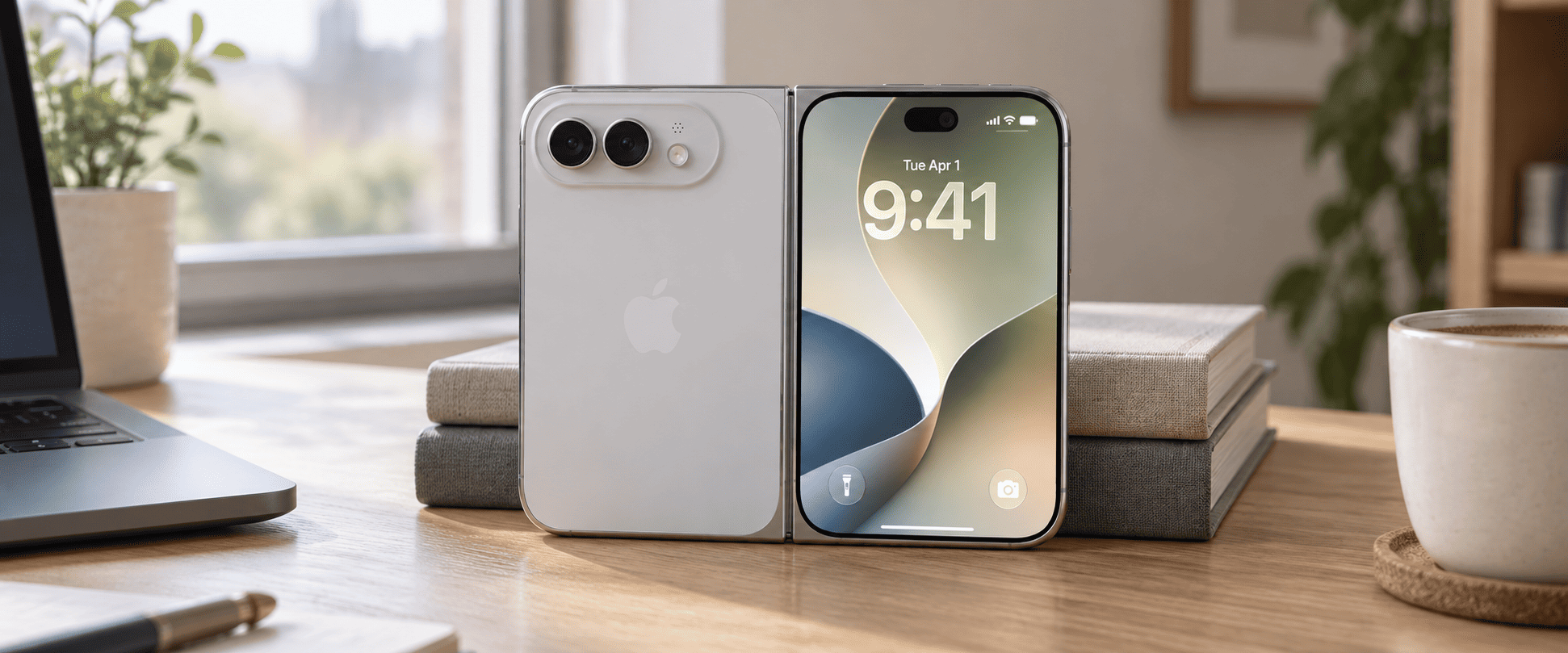 Apple iPhone Duo &mdash; визуализация раскрытого смартфона на рабочем столе.