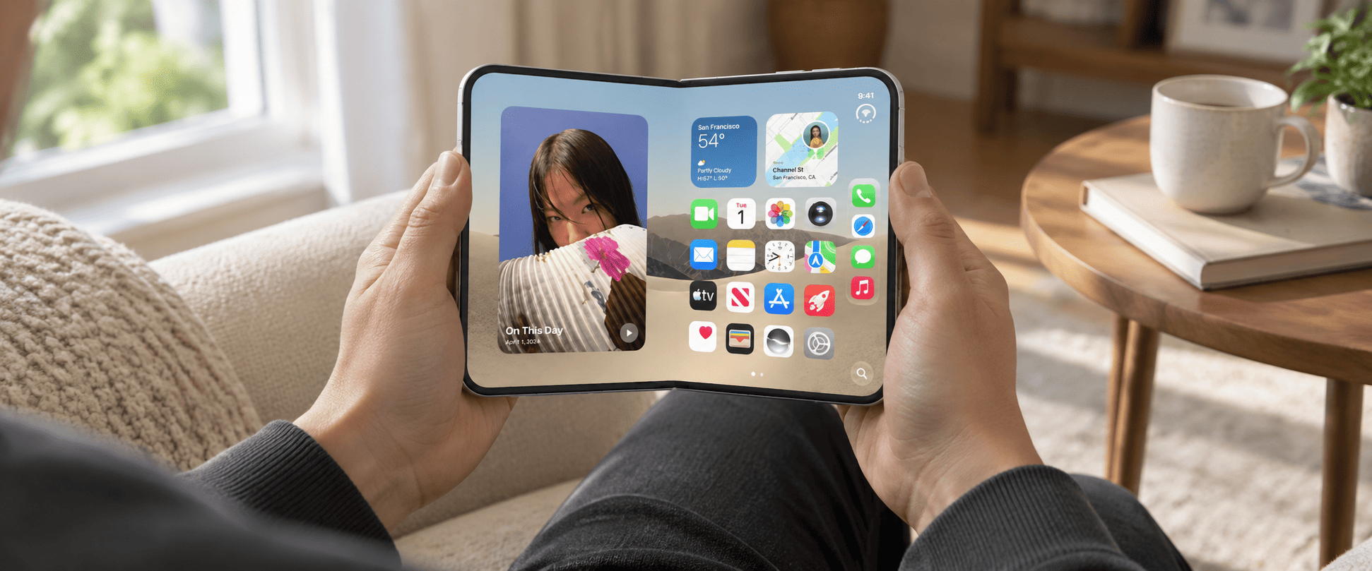 Apple iPhone Duo &mdash; визуализация раскрытого экрана в руках пользователя