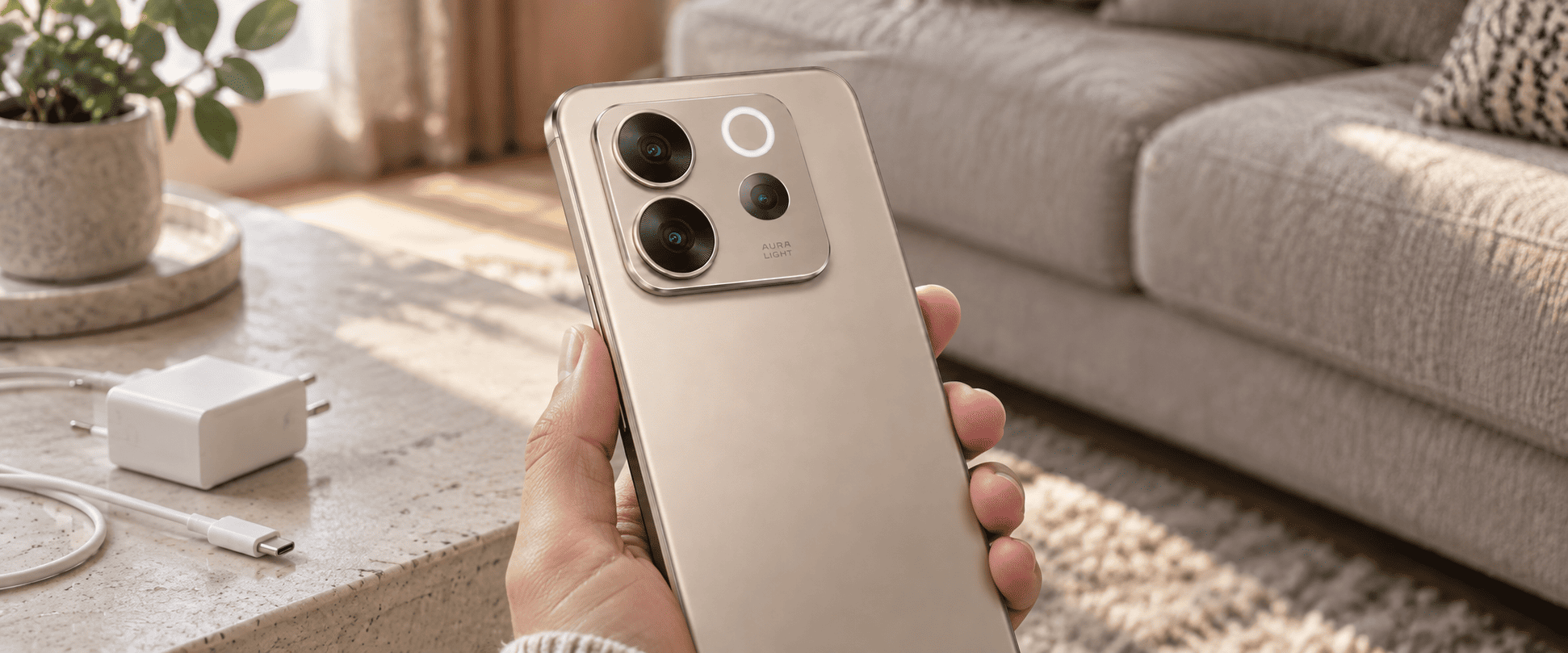 Vivo V80 — визуализация смартфона в руке рядом с зарядкой.