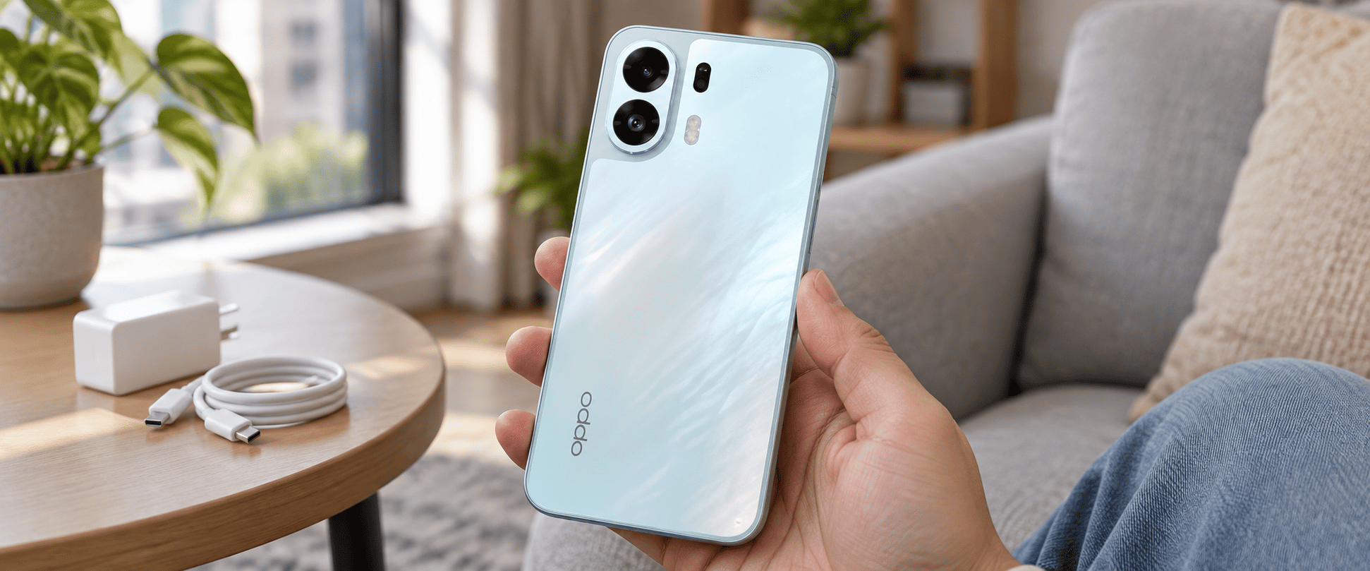 OPPO K14 Plus 5G &mdash; в руке рядом с зарядным устройством