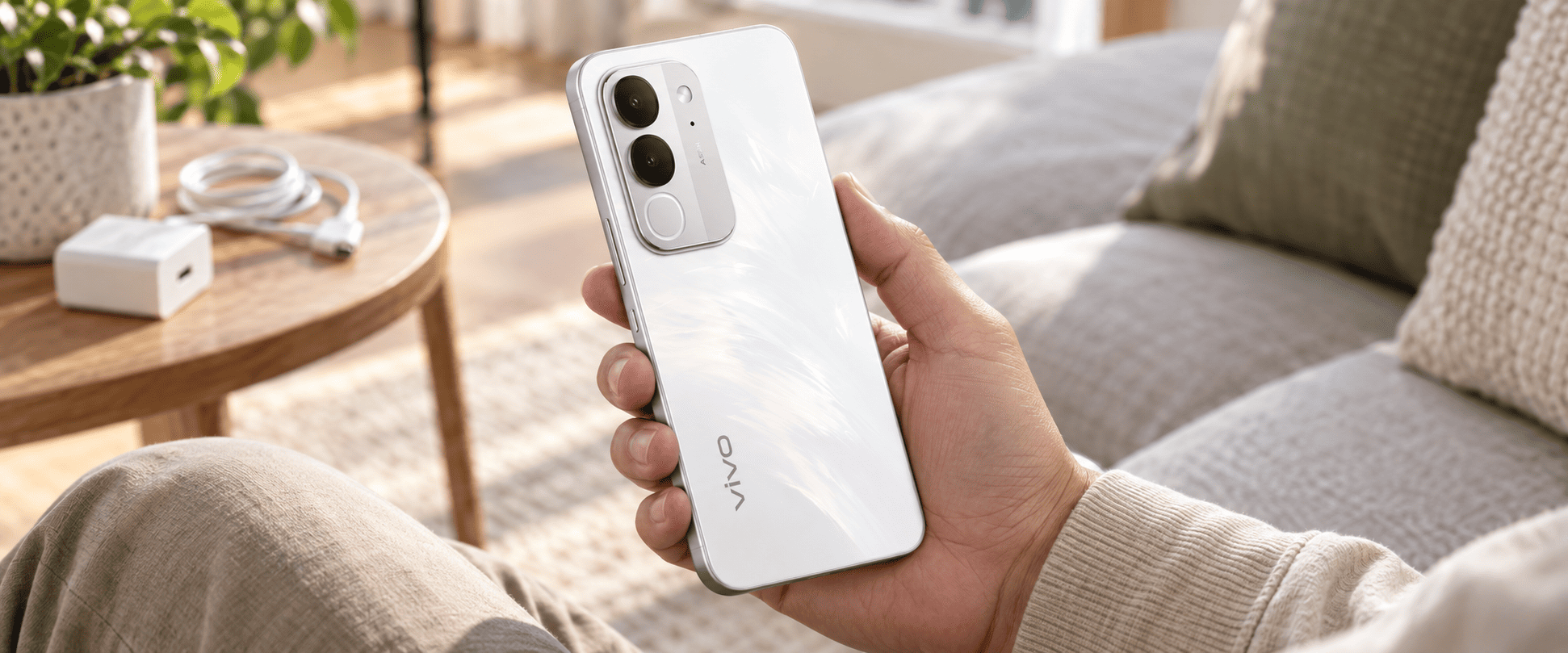 vivo Y600i &mdash; в руке рядом с зарядным устройством