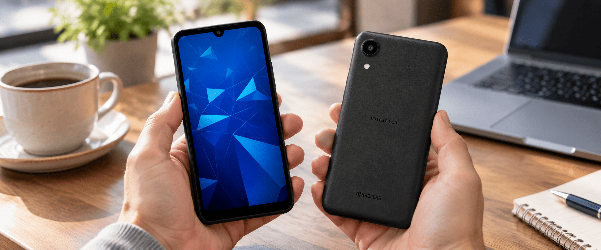 Kyocera DIGNO BX4 в руках пользователя у ноутбука
