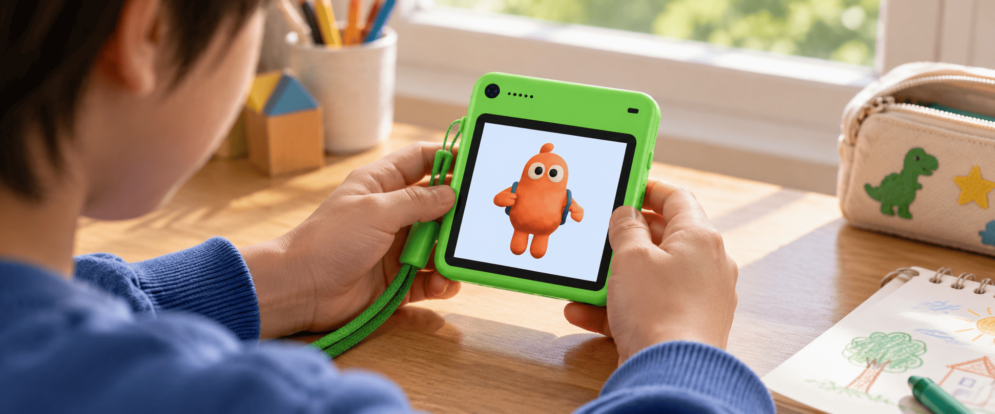 Freckle Phone — ребёнок держит устройство у стола
