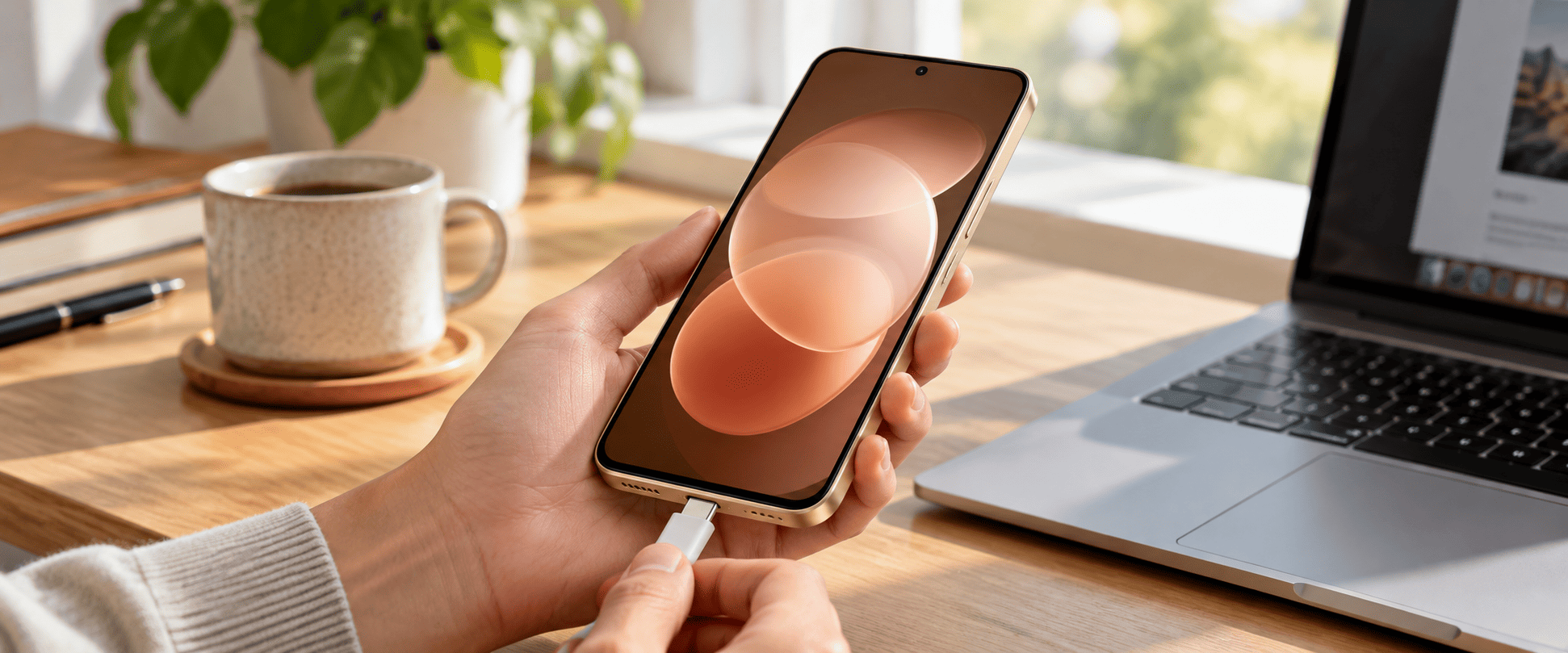 Redmi Note 17 Pro Refresh в руке с подключаемым зарядным кабелем.