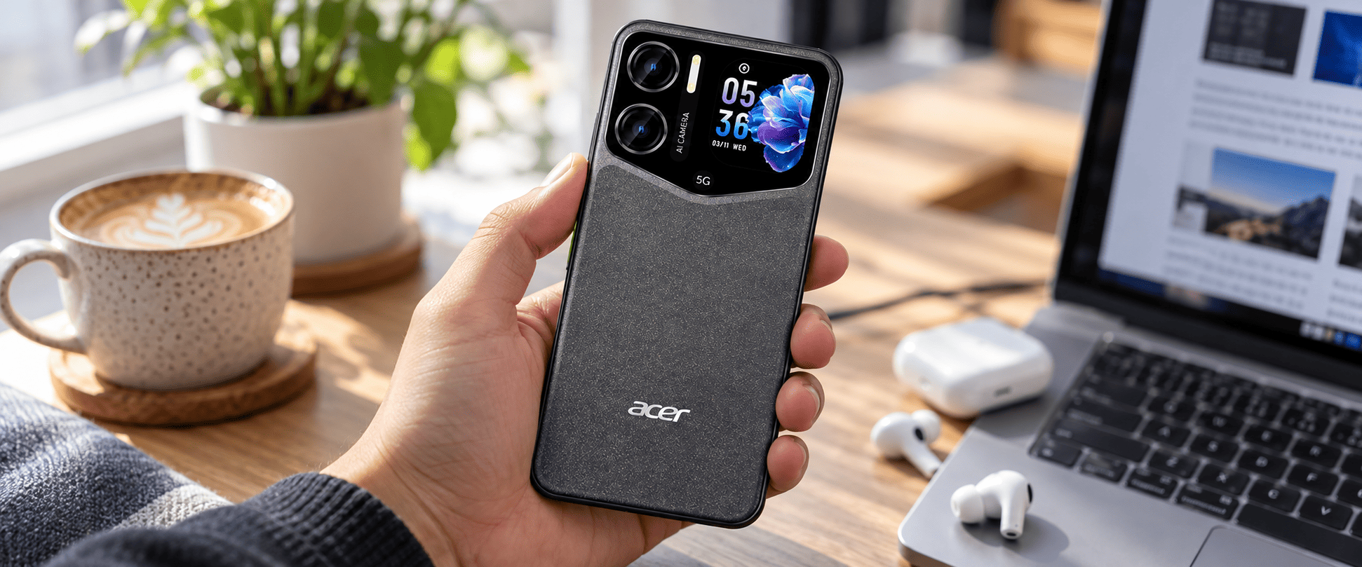 Acer Sospiro A70 &mdash; смартфон в руке на фоне ноутбука.