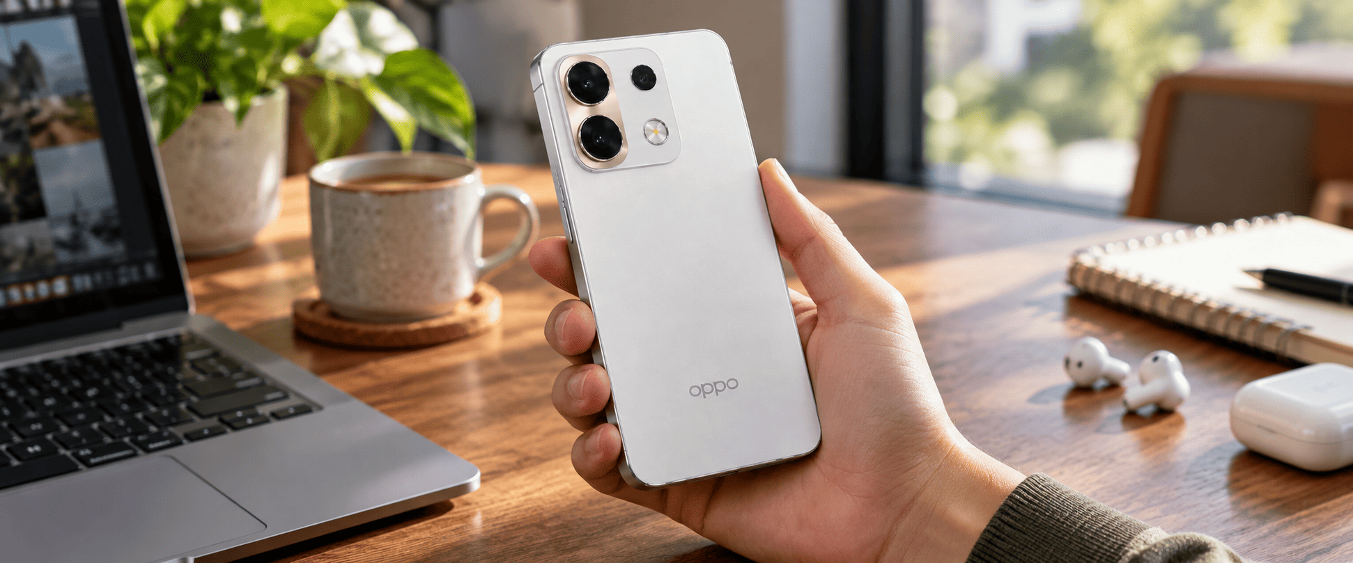 OPPO Reno 17 в руке на фоне рабочего стола