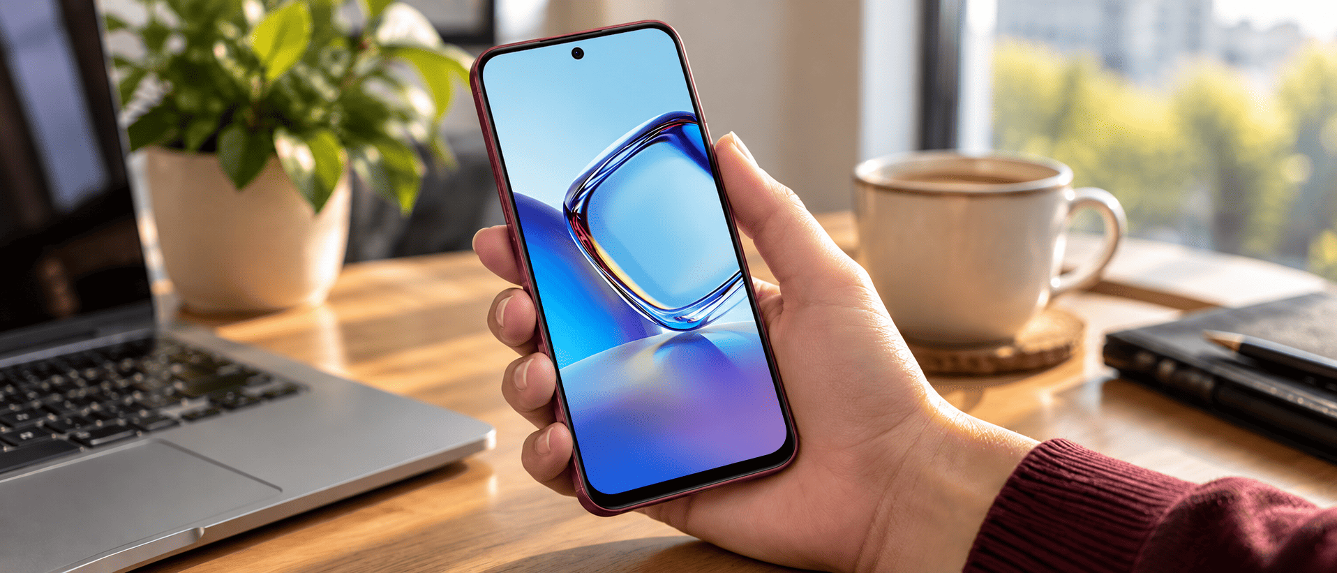 Nubia V90 Pro с включённым экраном в руке пользователя.