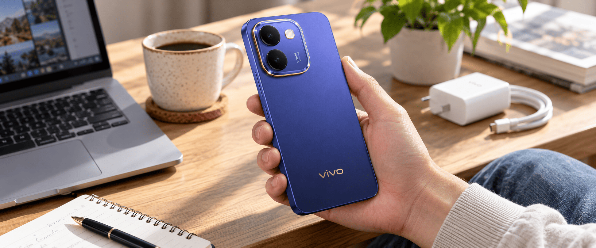 Vivo Y600 в руке рядом с зарядным устройством.