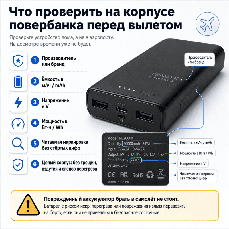 Что должно быть написана на повербанке перед перелетом